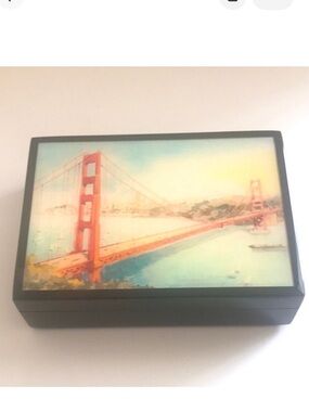 Golden Gate Bridge Watercolor Scene Jewelry Storage Box Black Lacquer Gloss NWT